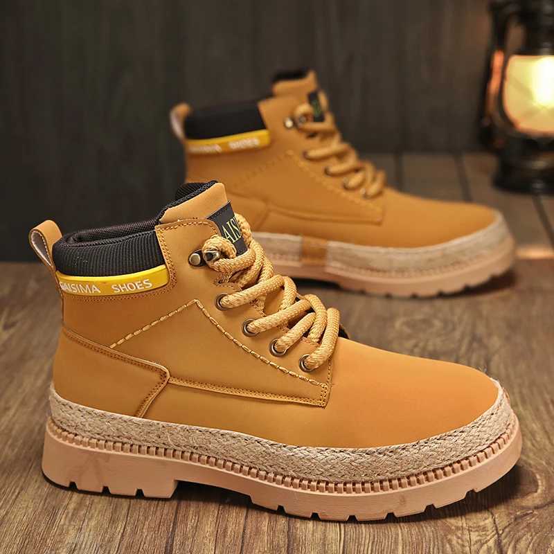 2024 Comfort Platform Boots for Men Trendy High Top Leather Boots Men Casual Hiking Shoes Autumn Fashion Yellow Work Boots Men W250811
