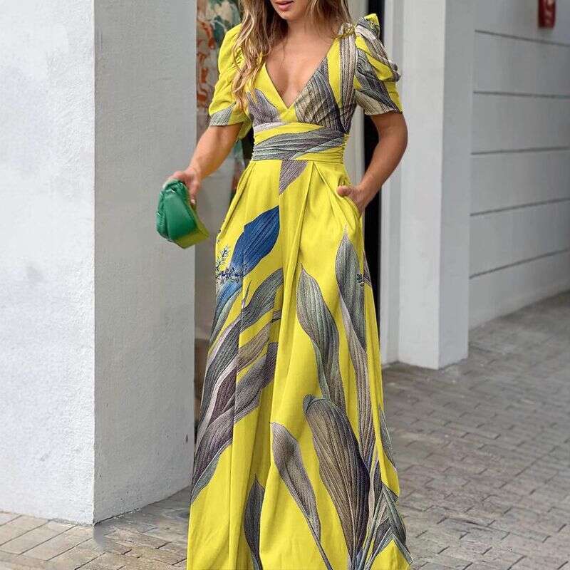 Women's Clothing Spring Fashion Temperament V Neck Waist Short Sleeved Wide Leg Jumpsuit