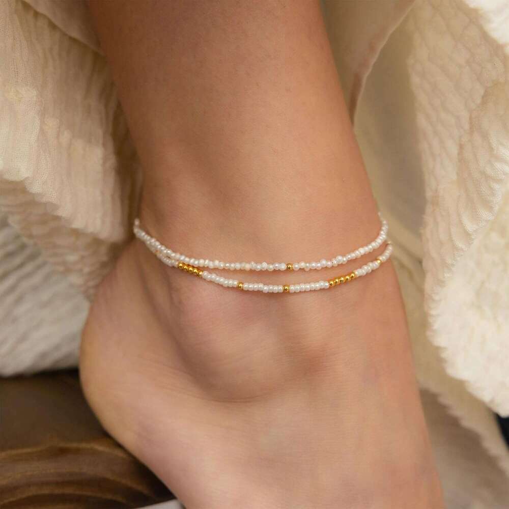 Boho Gold Anklet Bracelets for Women, Waterproof Beach Layered Pearl Beaded Turquoise Anklets Set Handmade Jewelry Gift