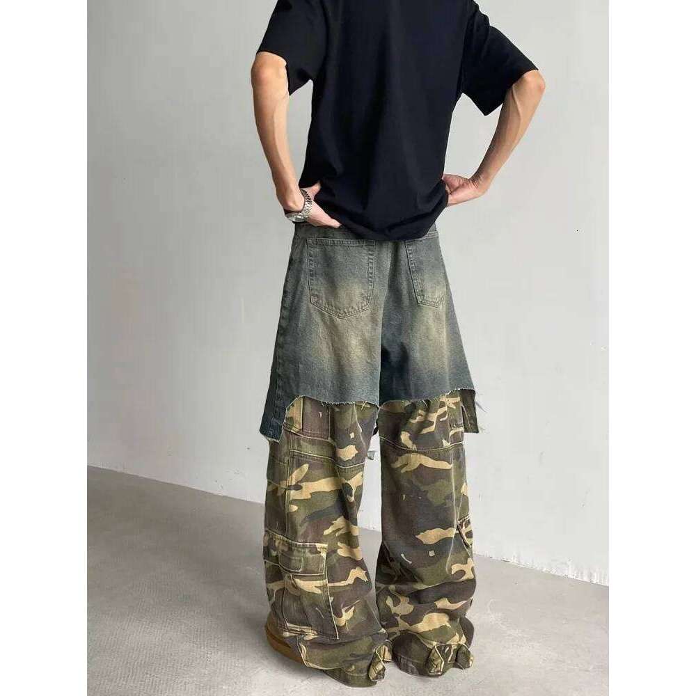 2025 Ropa Y2K Grunge Camouflage Patchwork Baggy Stacked Jeans Pants For Men Clothing New Rock Wide Leg Straight Denim Trousers