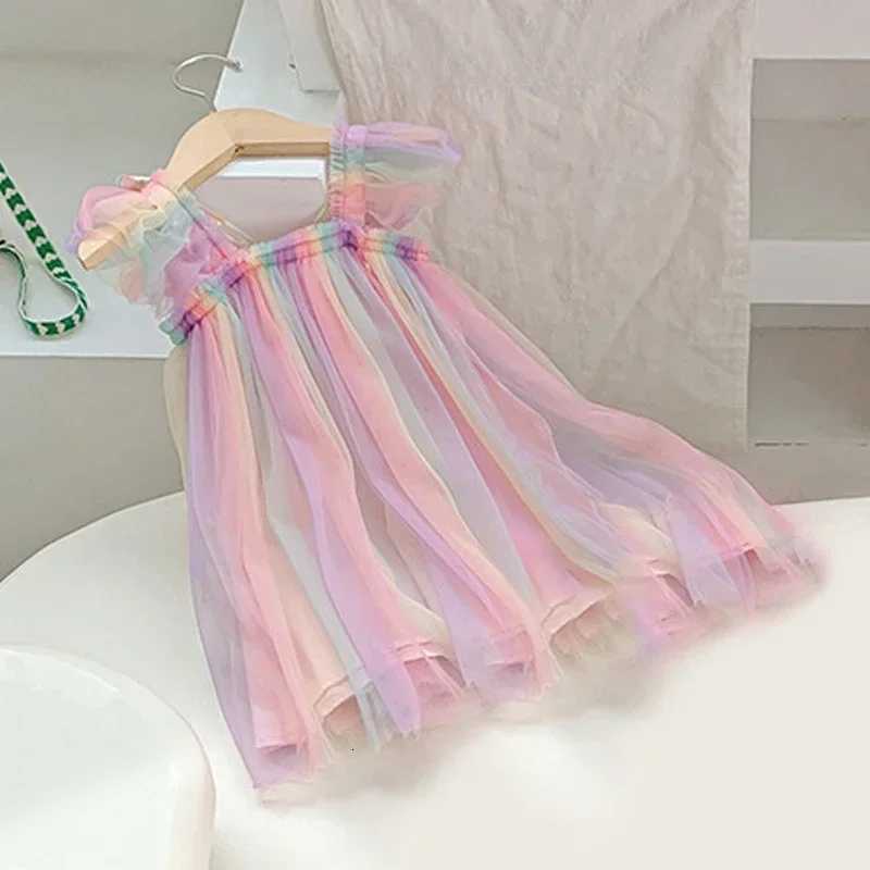 Baby Girls Gradient Rainbow Tulle Sling Dress Back Butterfly Mesh Vintage Dress Children Wedding Birthday Party Princess Dress W250811