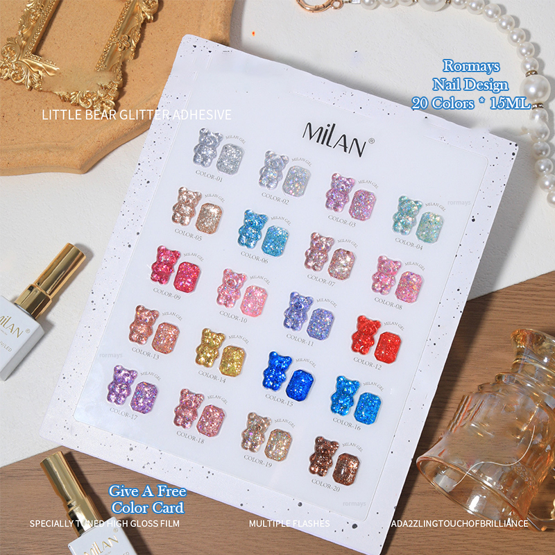 Rormays Bears Sequins gel Polishing 20PCS Mixed Varnish Semi Permanent Popular UV Shiny Color Sequins Gel Nail Salon Primer Finish Wholesale Factory