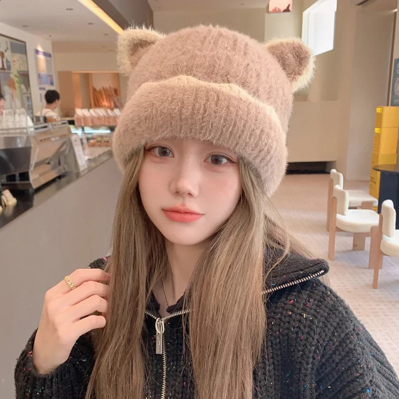 Cute Cat Ears Hat Women Autumn Winter Warm Knitted Hat Skullies Beanies Kpop Style Soft Beanie Hats Candy Female Streetwear Cap 250805