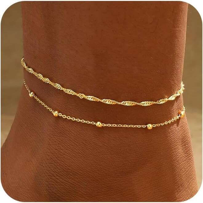 2/3 PCS Anklets for Women Waterproof Cuban Link Anklet Beaded Stackable Bracelets 14K Gold Plated Custom Jewelry Gifts Non Tarnish Lightweight