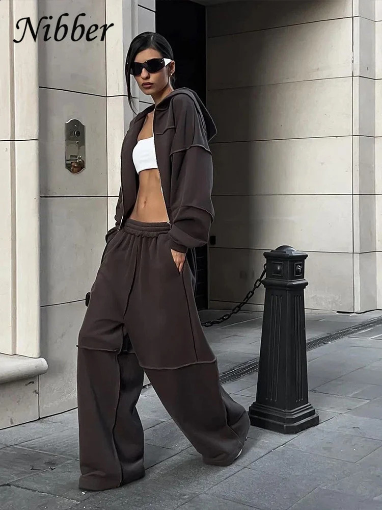 Nibber Casual Tracksuit Women 2 Piece Set Panelled Stripes Sporty Simple Hipster Hooded Zip JacketWide Pants Matching Suits 250806