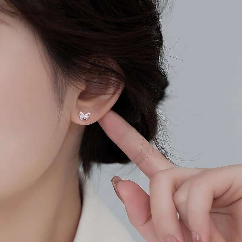 Pure Sier Sweet Pink Blue Hollow Butterfly for Women Exquisite Small Colorful Zircon Earrings Niche Ear Jewelry Trend