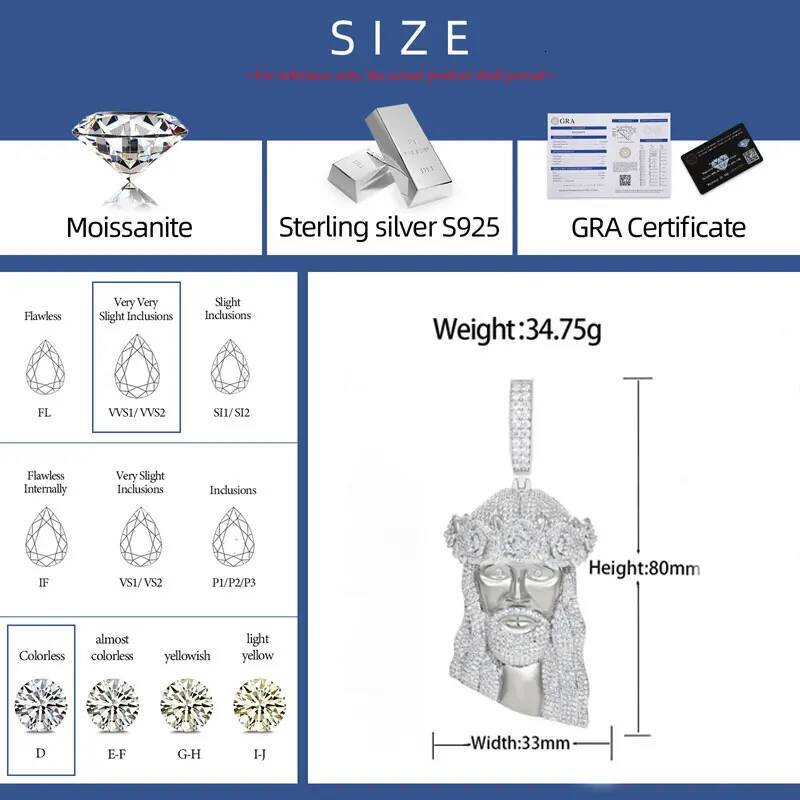 Iced Out VVS Moissanite Jesus Head Pendant Necklace for Men and Women 925 Sterling Silver Hip Hop Christian Jesus Facial Jewelry