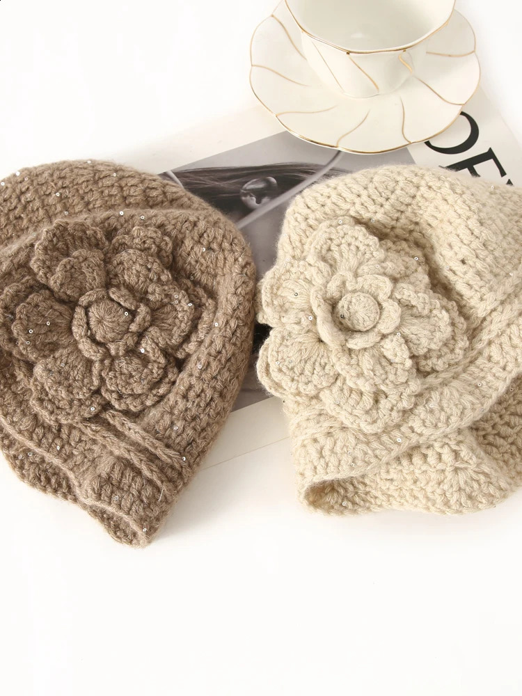 100 Cashmere Handmade Openwork Beanie Hat with Sequin Women Hand Crochet Flower Casual Hat Warm Soft Elegant Lady Knit Cap 250805