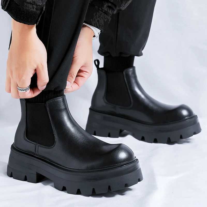 Autumn Men Platform Chelsea Boots Casual Business Genuine Leather Ankle Boots Men Flats Sneakers British Party Dress Shoes W250811
