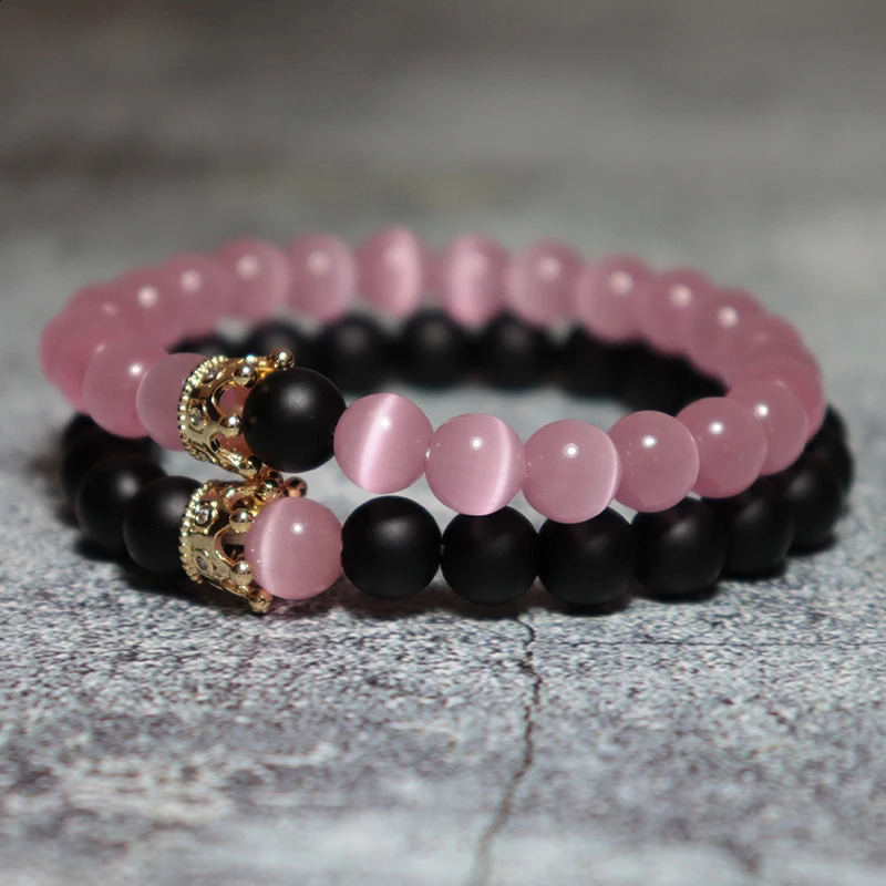 2Pair/Pcs Romantic Couple Bracelet Natural Cat Eye Frosted Stone Beaded Braclet Handmade Elastic Crown Matching Braslet Pulseras 250805