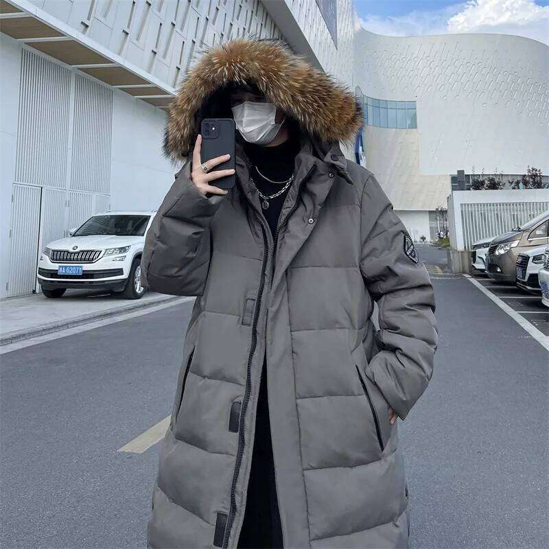 Korean Fashion Long Down Couple's Winter Clothing Youth Hooded Zipper Warm Cotton Jacket Coat Men's Parka M-5XL