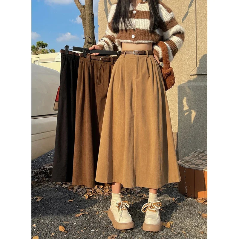 Vintage Belt Corduroy Midi Skirt Women High Waist Pleated A Line Skirts Autumn Winter Streetwear Korean Casual All Match Skirt 250811