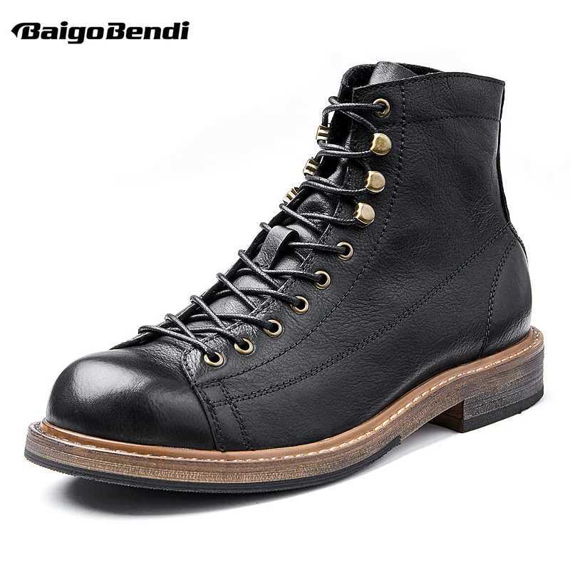 Retro Big Round Toe Mens Work Boots British Style Cool Leather Lace Up Mens Autumn Winter Casual Shoes W250811
