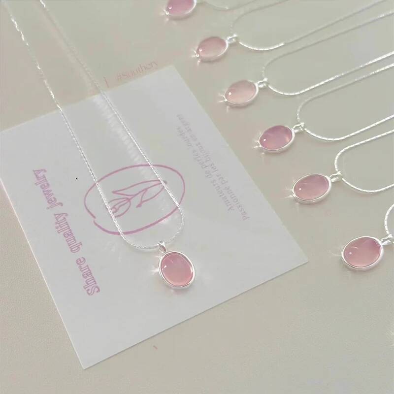 Sterling Sier Pink Crystal Moonstone Necklace For Women Fashionable And Simple Oval Pendant Collarbone Chain Party Jewelry