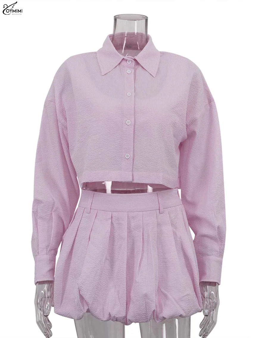 Oymimi Fashion Pink 3 Piece Sets Woman Outfit Casual Long Sleeve Crop Shirts And Button Patchwork Bra Solid Mini Skirts 250811