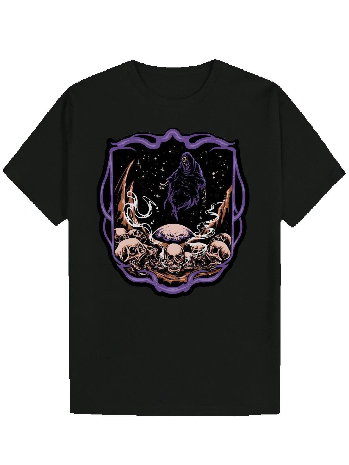 Men's Casual Crew Neck 100% Polyester Knit Fabric, Regular Fit, with Skull and Moon Pattern, Suitable for Summer T-Shirt, T-Shirt b139c