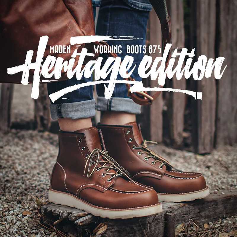 Maden Vintage Brown Split Leather Motorcycle Boots Men Work Fall and Winter High Top Lace-Up Round Toe Boots Outdoor Ankle Shoes W250811