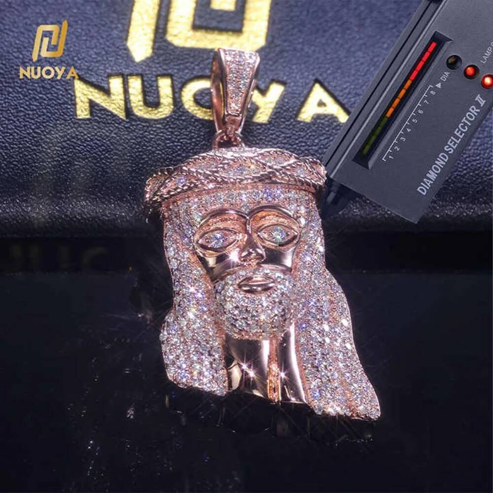 ESKEEM Hip Hop Jewelry Moissanite Charm Pendant Pass Diamond test 925 Silver Rose Gold Plated Small Jesus Head Pendant Necklace