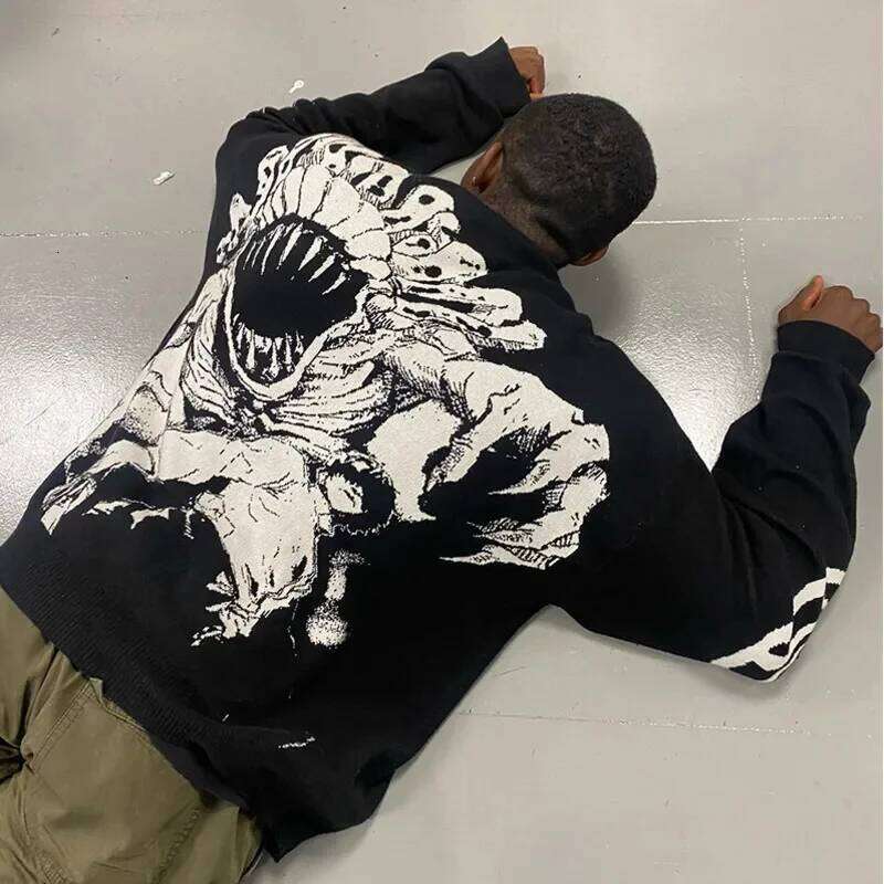Graphic Print Black Knitted Streetwear Demon Anime Pullover Unisex Casual Loose Sweaters Men Gothic O-neck Pullovers