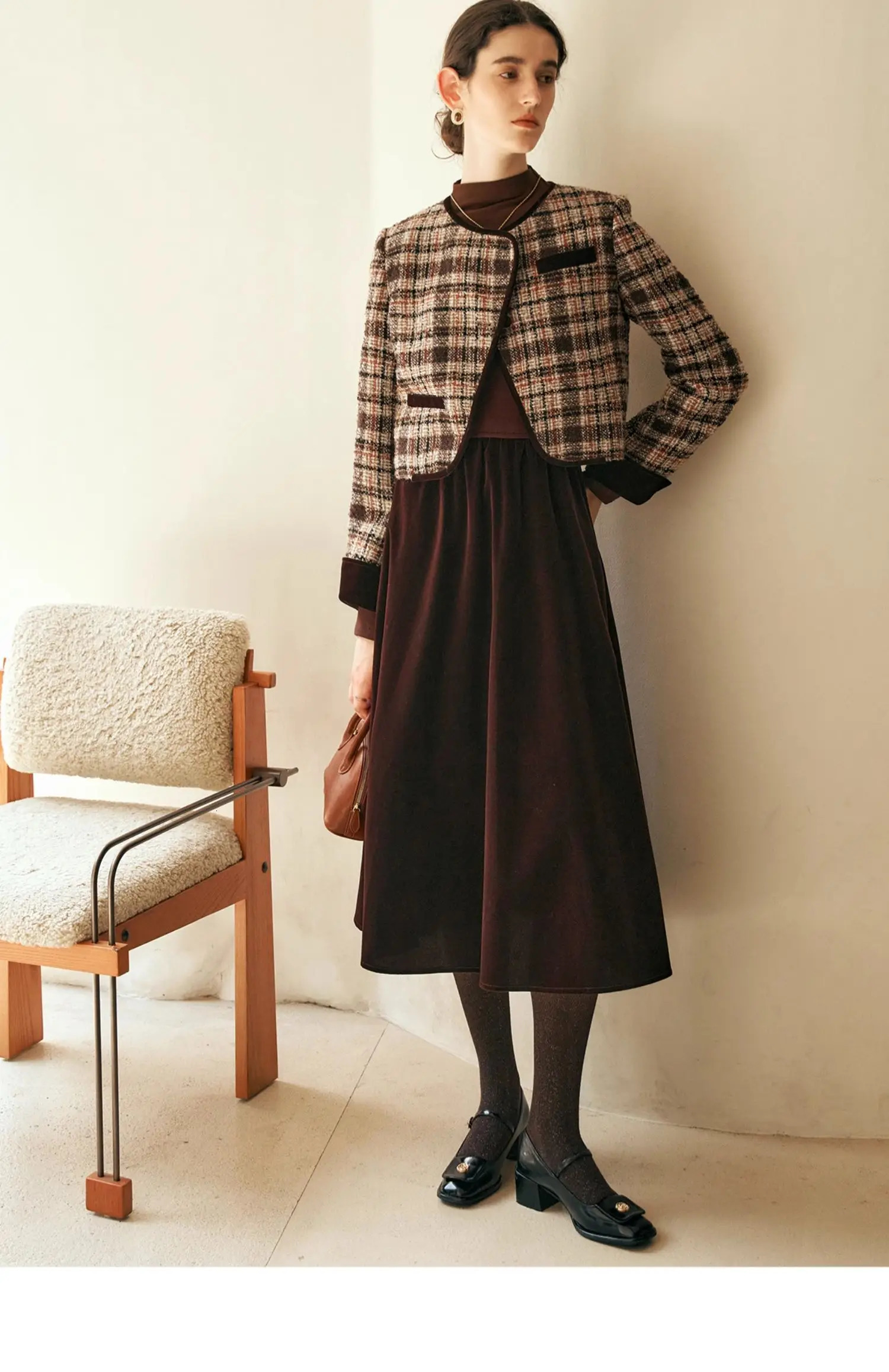 OLrain Twopiece Dresses Sets Women Spring Patchwork Velvet Midi Dress Tweed Plaid Jackets Elegant Ladies O56DE95268 250811