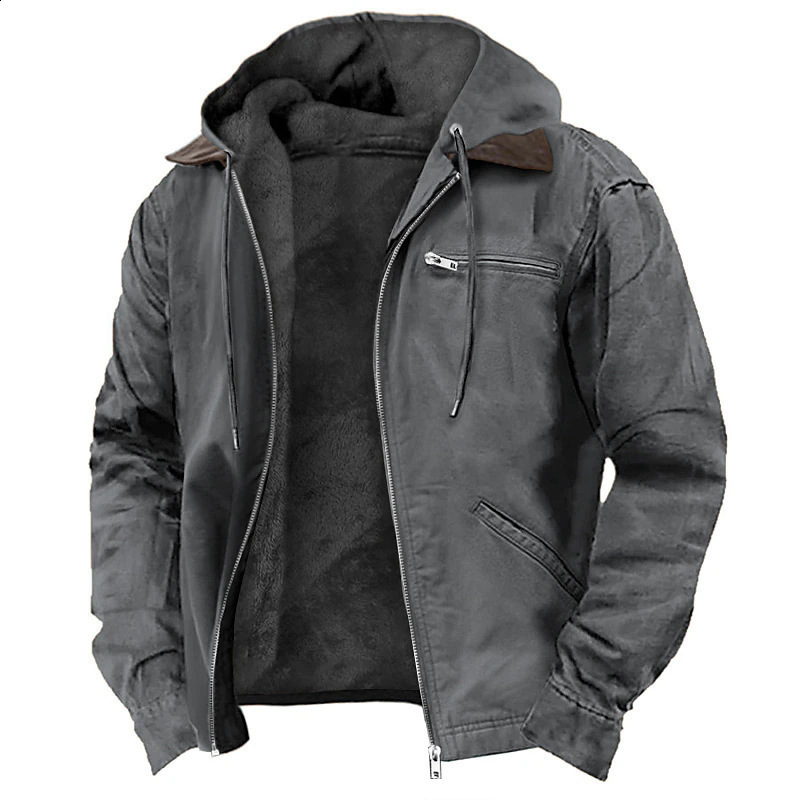 Solid Color Hooded Cotton Jacket Casual Mens Fleece Lined Zipper Pocket Jacket Coat 250808