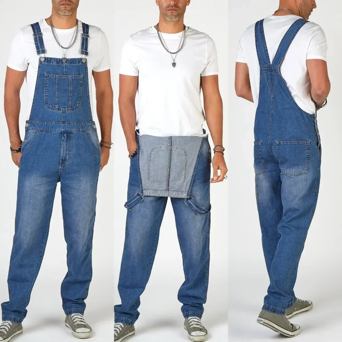 Men Jeans Denim Overalls Jumpsuits Pencil Pants Solid Washing Mid Waist Cargo Pockets Casual Ankle Length 2025 Ropmer 250729