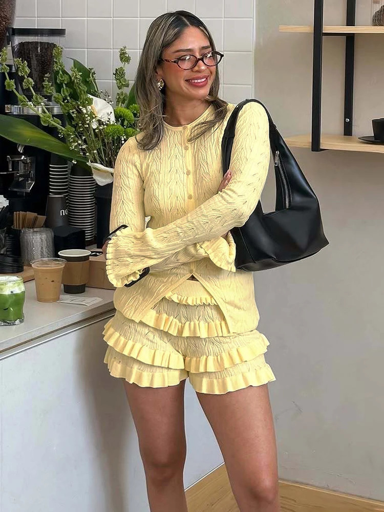 TARXUXY Knitted Cardigan Shorts Suit Womens Long Sleeve Sexy Hollow Top Fashion Slim Shorts Ruffles Splice Female Shorts Sets 250804