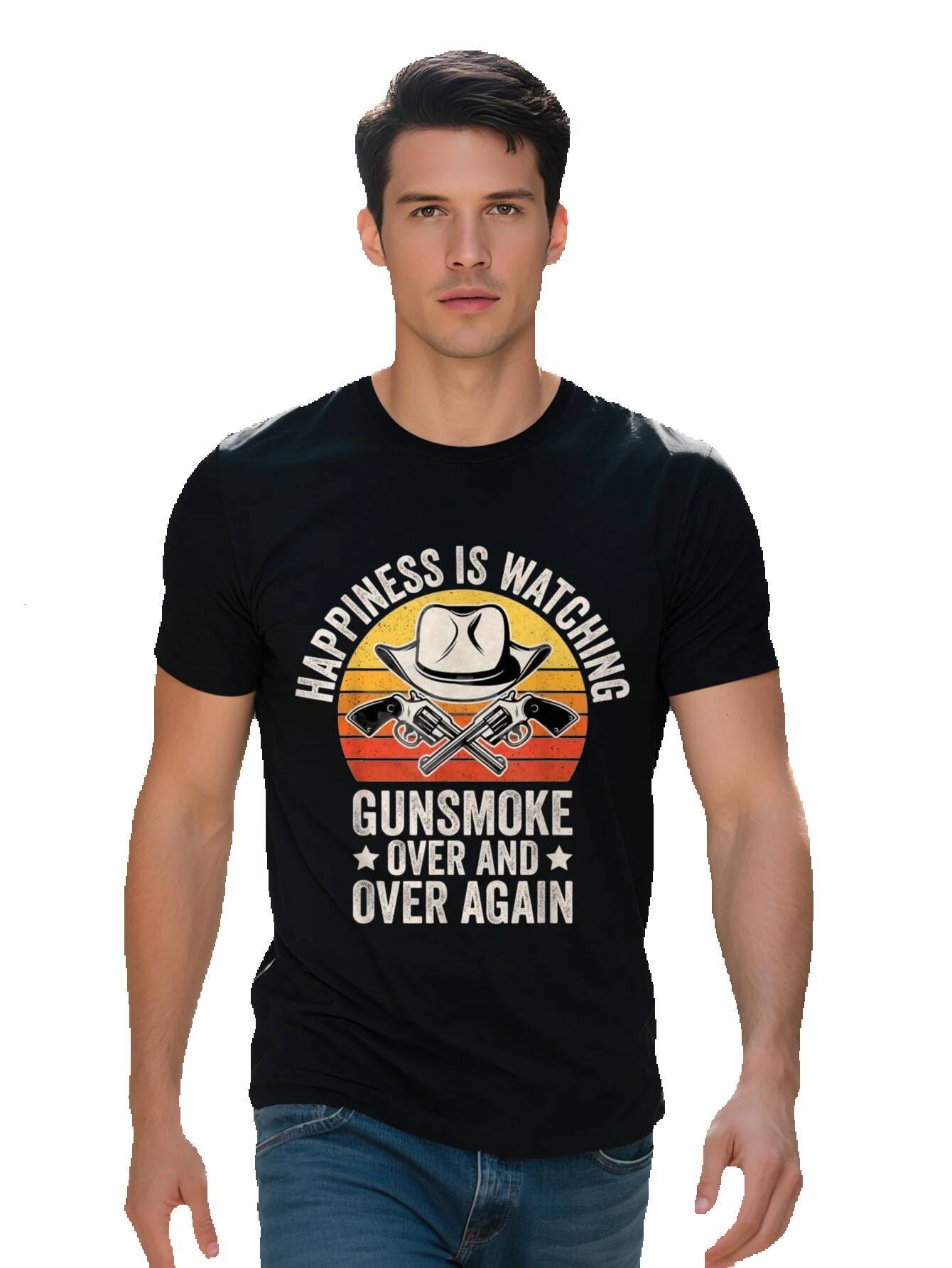 Men's T-Shirt Happiness is Watching Gun and Over Again Design Casual Fit Short Sleeve Black with Colorful Stripes 22f26 bce75