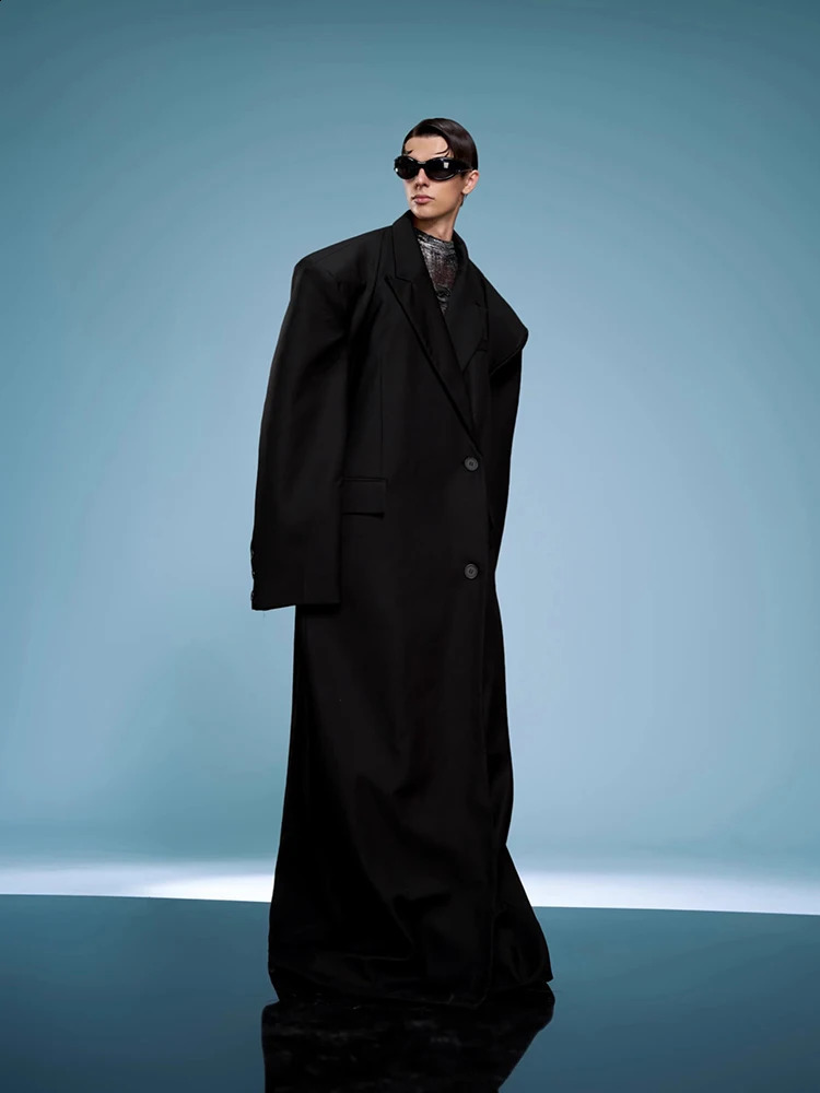 Mauroicardi Spring Autumn Cool Long Oversized Black Trench Coats Man Shoulder Pads Clothes Overcoat 2025 250804