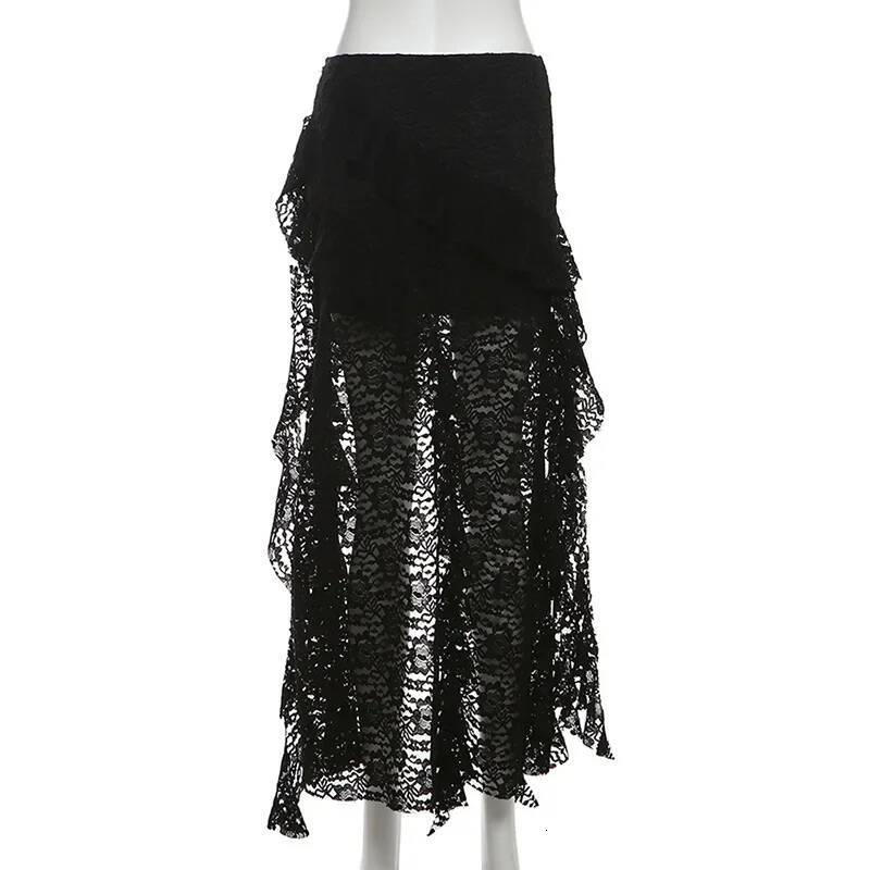 2025 Summer New Women's Sexy High Waist Lace Ruffle Skirt Women's Spring fashion Irregular Y K Skirt Women's Fashion Black Patch Party 