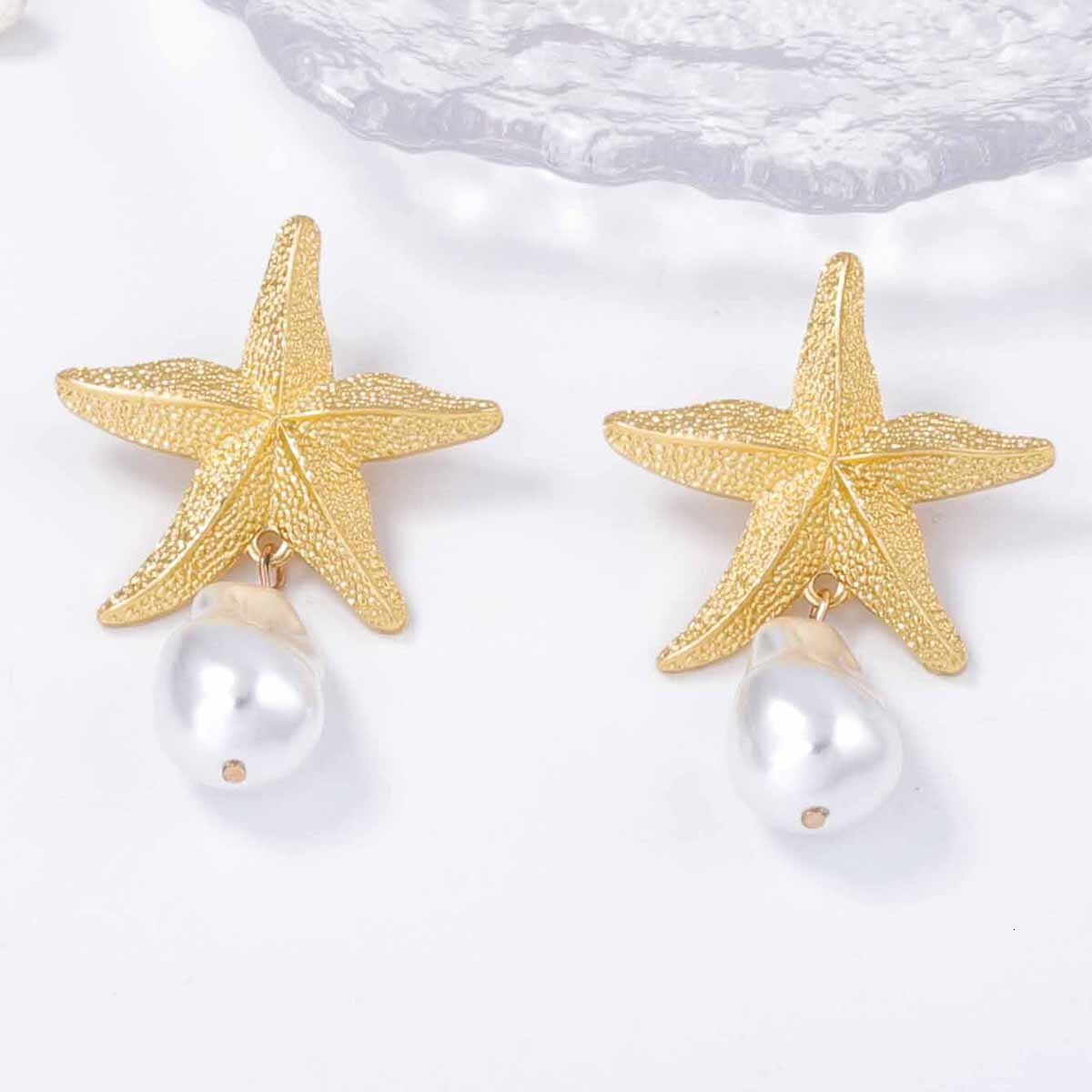 Free Shipping Designer Fashion Accessories Exquisite Ocean Leisure Simple Alloy Earrings Starfish Imitation Pearl Pendant Earrings Luxurious Jewelry