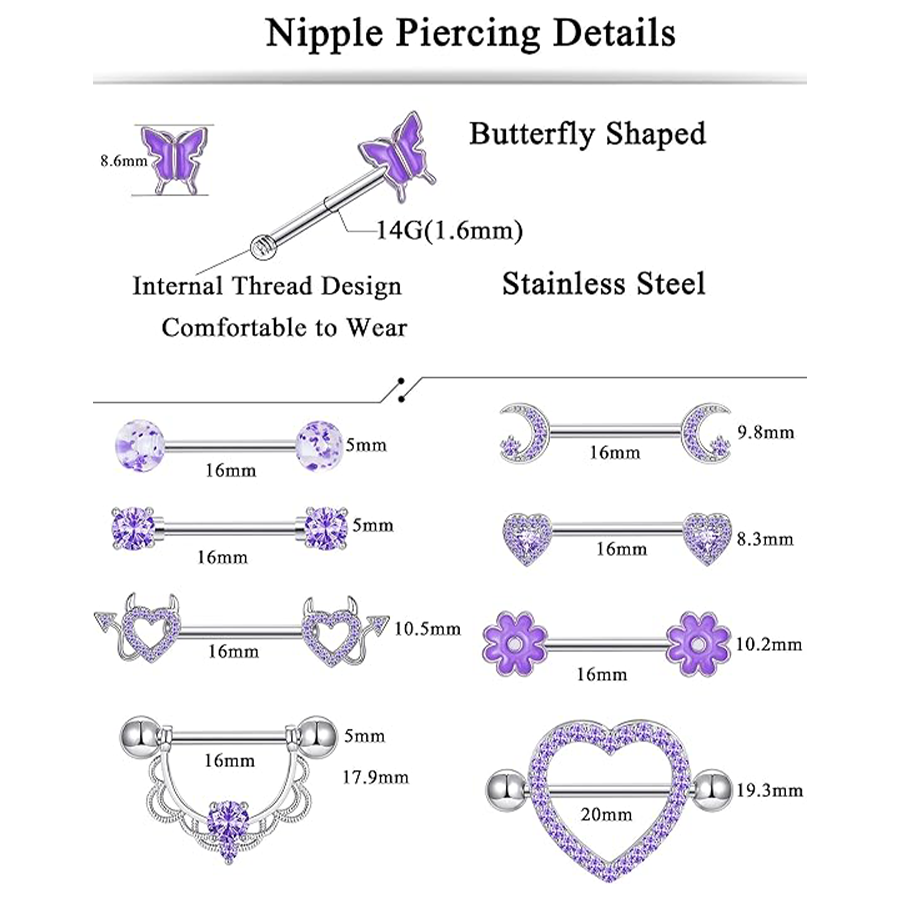 9 Pairs Nipple Rings Stainless Steel Heart Butterfly Moon Flower CZ Barbell Tongue Rings Set Cute Nipplerings Piercing Jewelry for Women Purple Tone