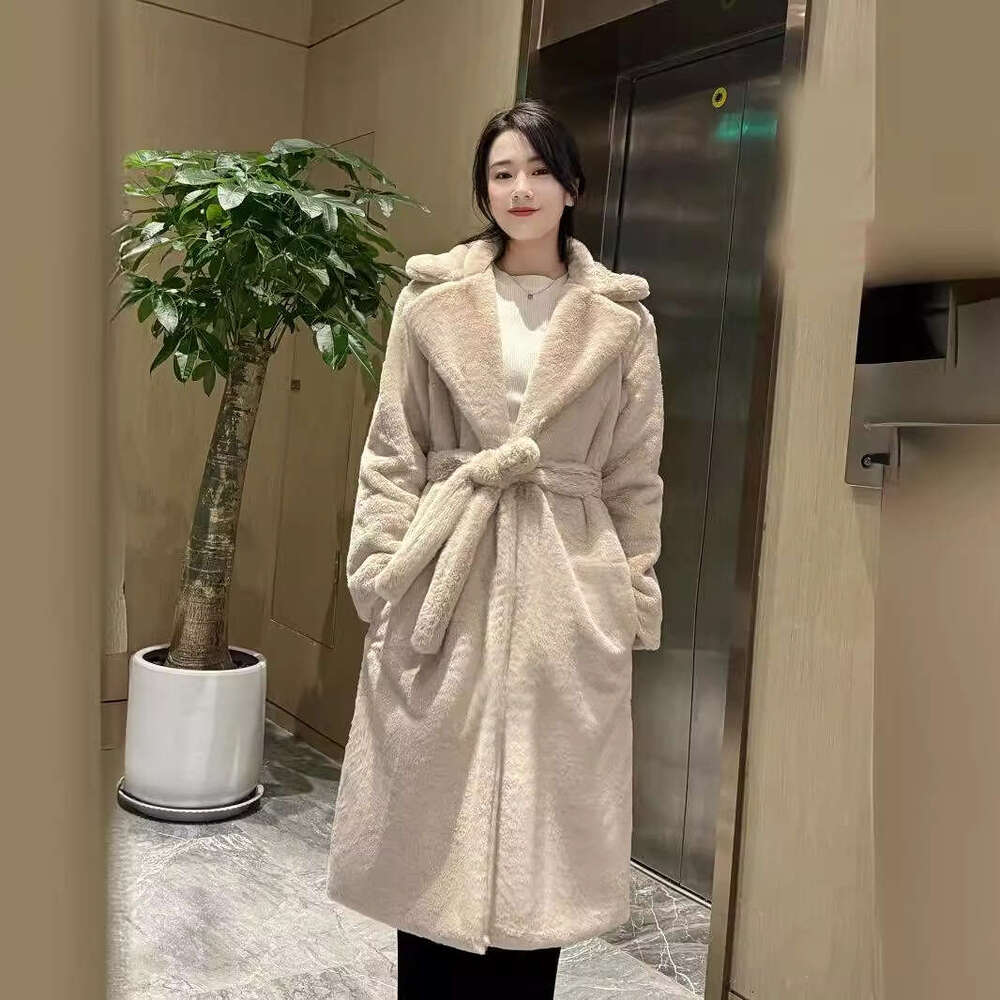 Women's belt-fastened coat, autumn and winter mink jacket, thickened cotton artificial fur