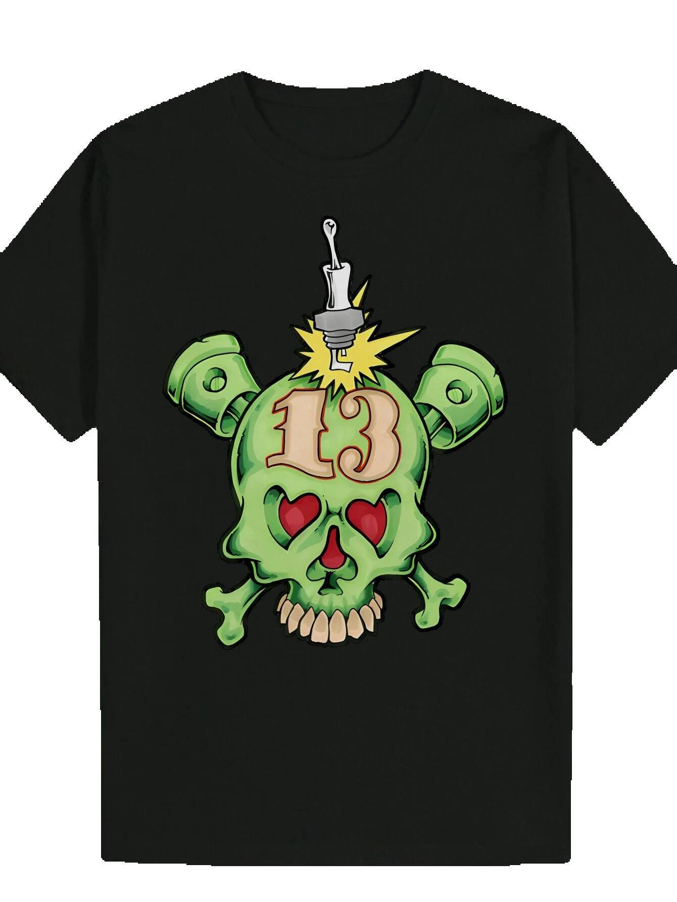 Men's Black Casual Summer Graphic - Round Neck Polyester T-Shirt with Skull and Number 13 Print, Machine Washable, Regular Fit 65c9a