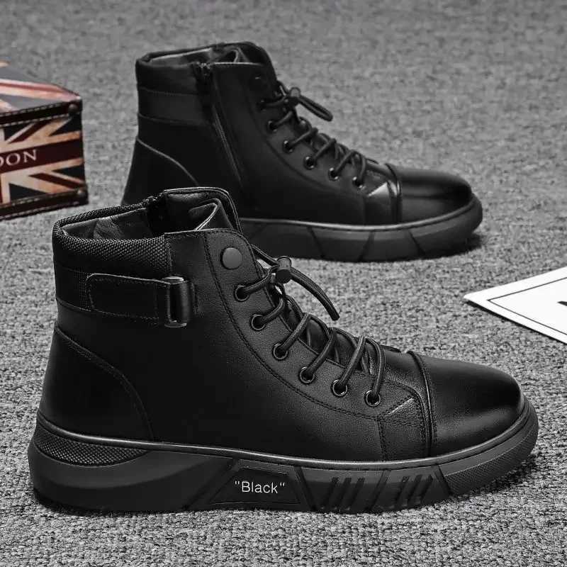 Ankle Boots Black PU Leather Mens Sports Shoes Autumn Winter Comfortable High-top Casual Fashion Platform Boots Men Round Head W250811