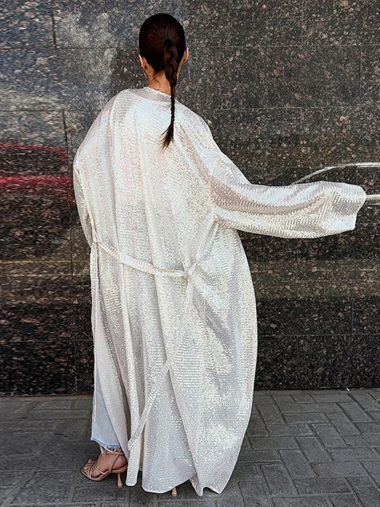 Sequin Oversized Maxi Cardigan Coat Women Open Front Long Sleeve Party Evening Outerwears Autumn Chic Casual Loose Fit Top 250804