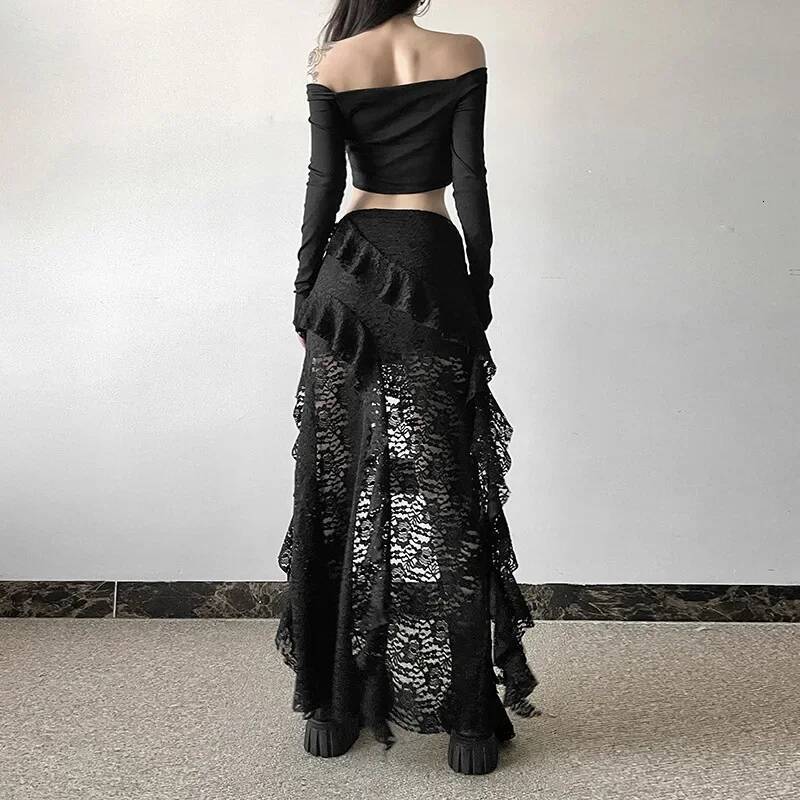 2025 Summer New Women's Sexy High Waist Lace Ruffle Skirt Women's Spring fashion Irregular Y K Skirt Women's Fashion Black Patch Party 