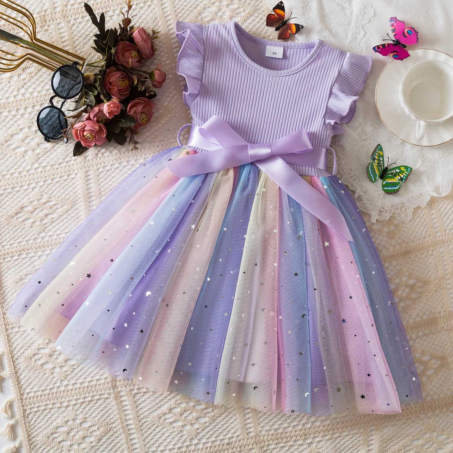 1-5 Years Old Baby Girls Sequins Dress for Birthday Toddler Girls Rainbow Tulle Dress Sweet Kids Princess Dress for Girls Summer Wear W250811