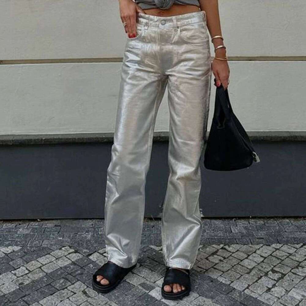 hirigin Women Retro Y2K Metallic Shiny Jeans Casual Solid Color High Waist Straight Leg Denim Pants Disco Club Party Streetwear