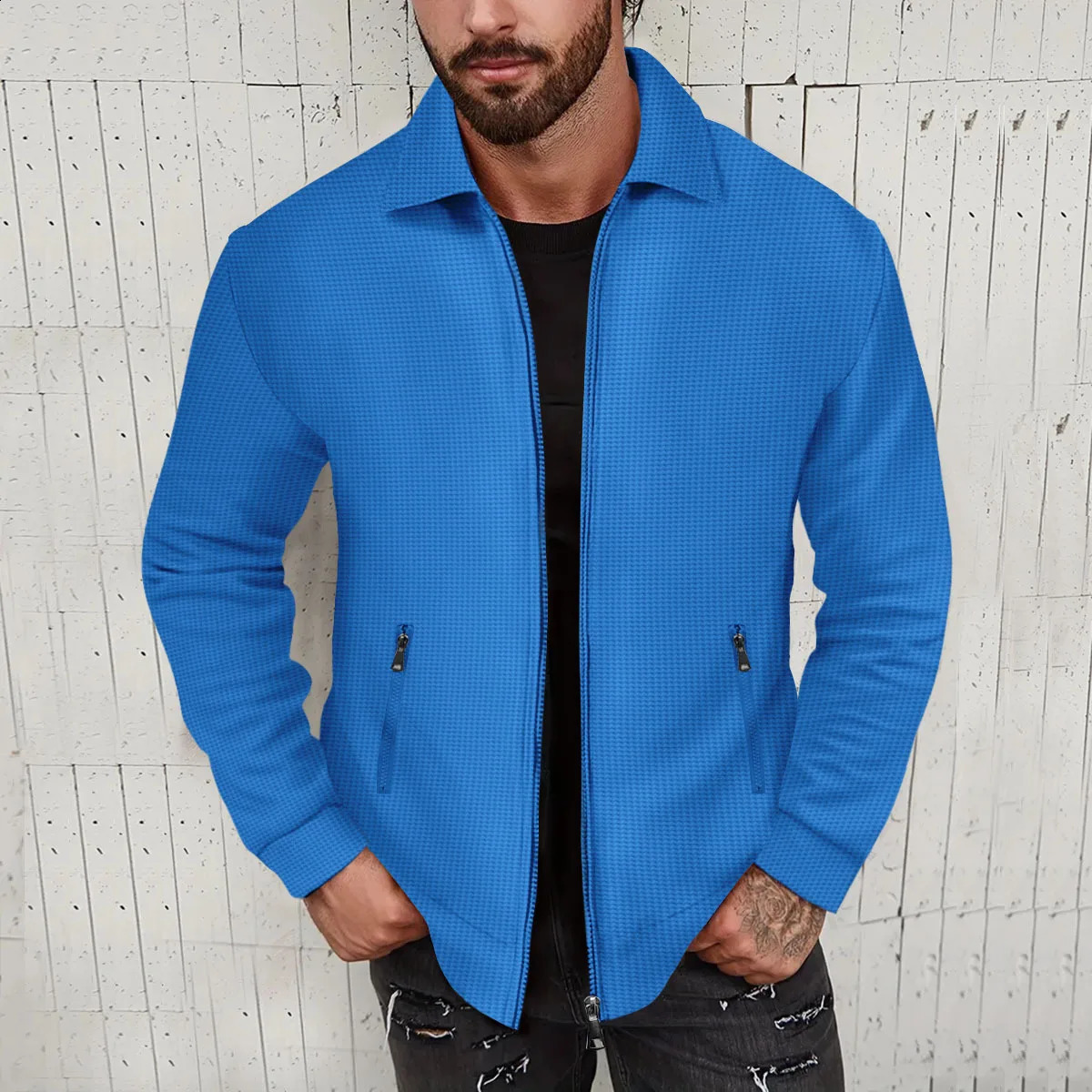 European and American cross-border waffle long-sleeved zipper jacket casual mens autumn coat 250809