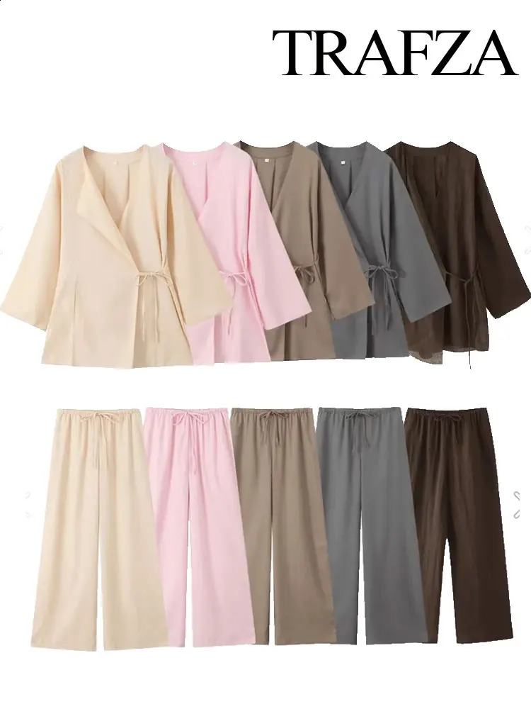 TRAFZA Womens Summer Fashion Linen Solid Color Shirt Set Belted Cardigan Kimono Top High Waist Womens Pleated Pants 2-piece 250806