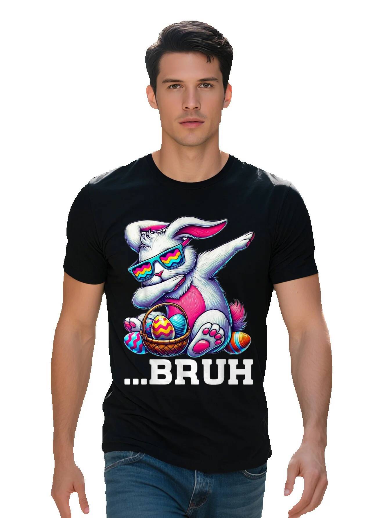 Playful Dabbing Rabbit with Fashion Glasses Easter Eggs Graphic T-Shirt Cotton Breathable Fabric Regular Fit a4ccc