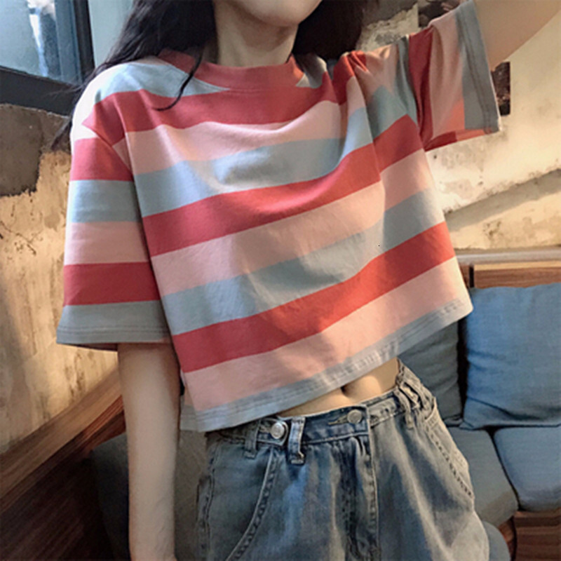 Cross-Border Foreign Trade Summer New Korean Version Loose Rainbow Striped Short Sleeve T-Shirt for Female Students Short Cropped Top Trendy