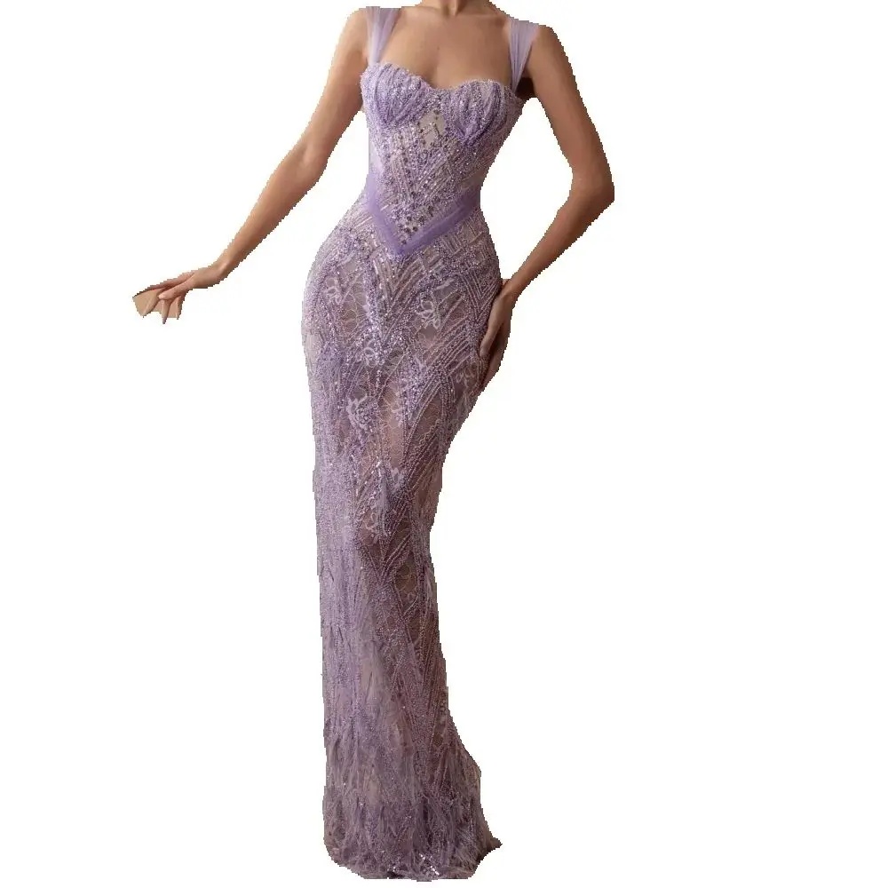 Elegant Sweetheart Celebrity Evening Dresses Customized Beaded Lace Prom Sleeveless Dresses Floor Length Fur Party Formal Gowns