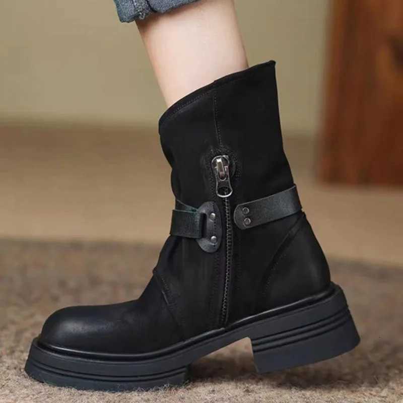 2025 Autumn Winter Retro Belt Buckle Nubuck Leather Martin Boots for Women Thick Heels Shoes Woman Frosted Western Cowboy Short Boots W250811