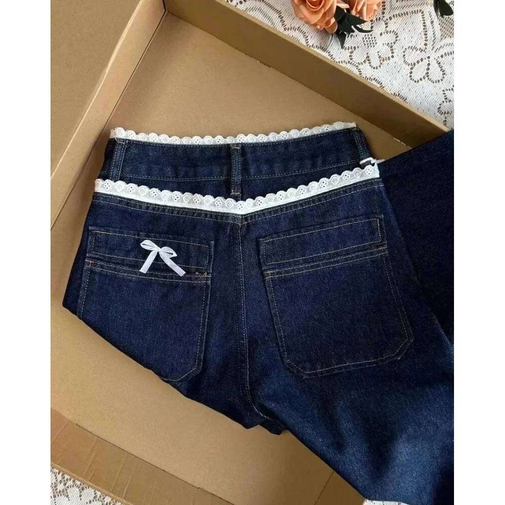 Sweet Lace Waist Design Loose Women's Dark Blue Jeans Straight Leg Slimming Elegant Style Casual Fashion Denim Long Pants