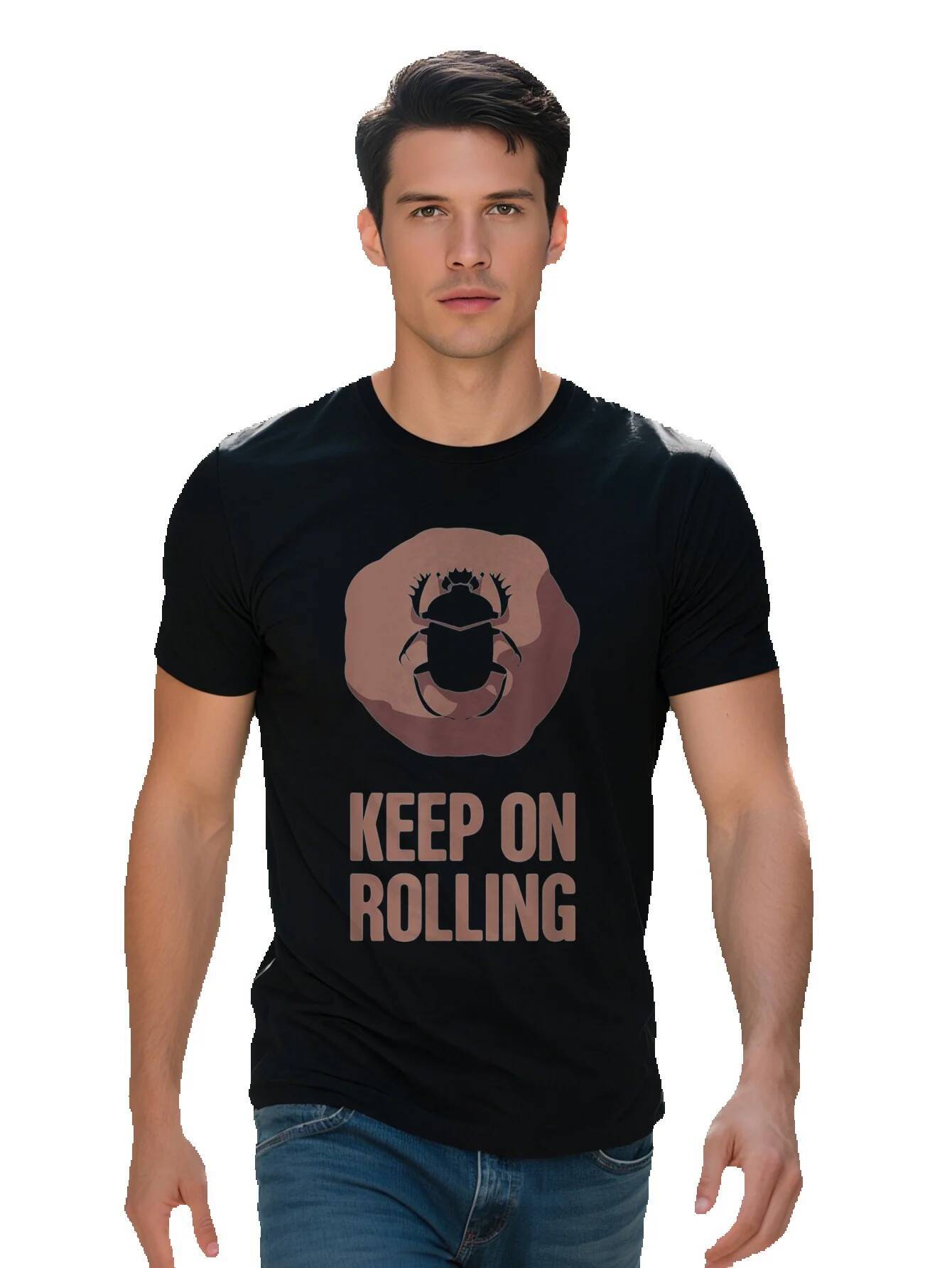Men s Cotton T Shirt with Dung Beetle Graphic Keep on Rolling Bug Insect Science Design Casual Black Crew Neck 64a8b 13044