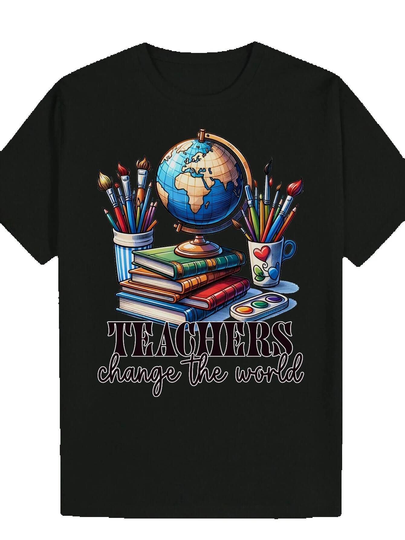 Men's Summer Casual Pattern T-Shirt Theme "Teachers Change the World" Design with Globe, Books, Pencils - 100% Polyester, Machine Washa