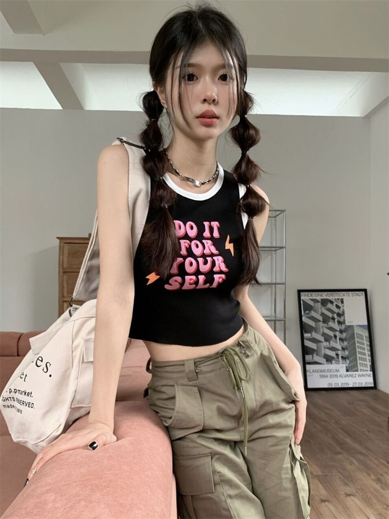 French Chic Small Camisole For Women Summer Hot Girl Outerwear Color Block Slim High Waist Crop Top Sleeveless BM Top