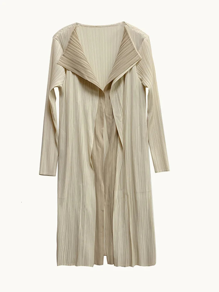 Miyake Double Layer Color Block Pleated Trench Coat Women Long Sleeve Lapel Medium Cardigan Elegant Windbreaker Lady 250809